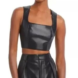 NEW 7 For All Mankind Womens Faux Leather‎ Sleeveless Crop Top Black Size Small